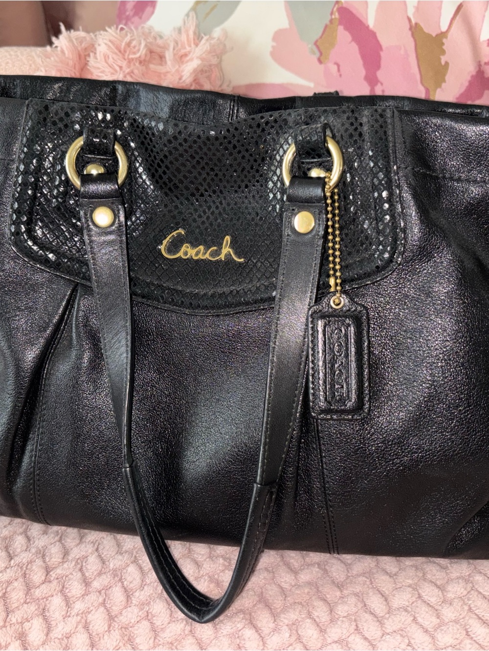 Coach Black Leather Shoulder Bag with Gold Accents